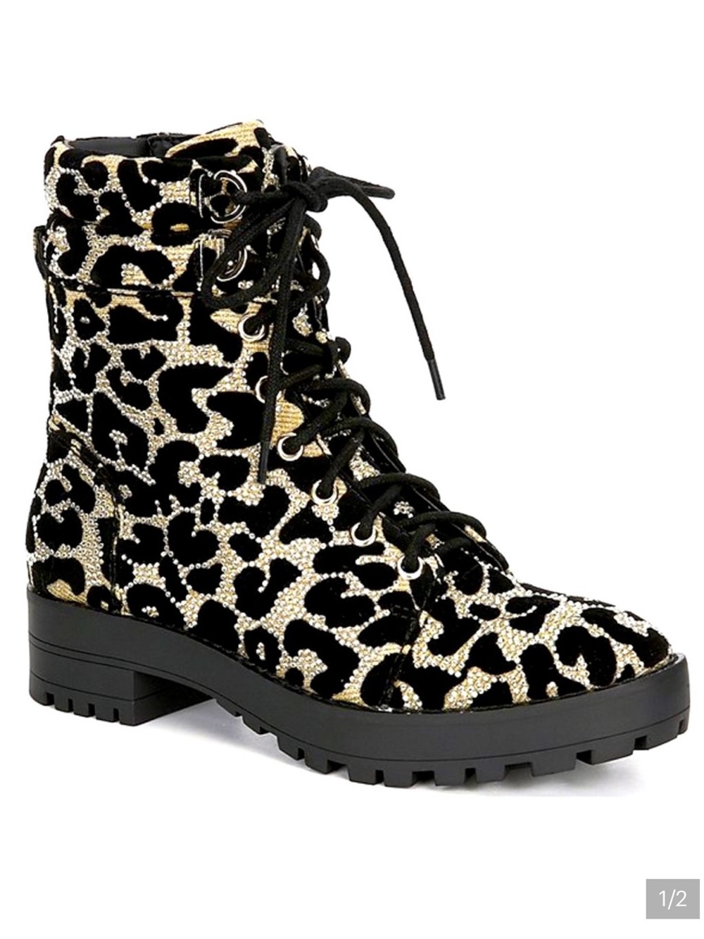 Gianni Bini Black &Gold Rhinestone Leopard Lace-Up Combat Boot Sz 71/2M side zip